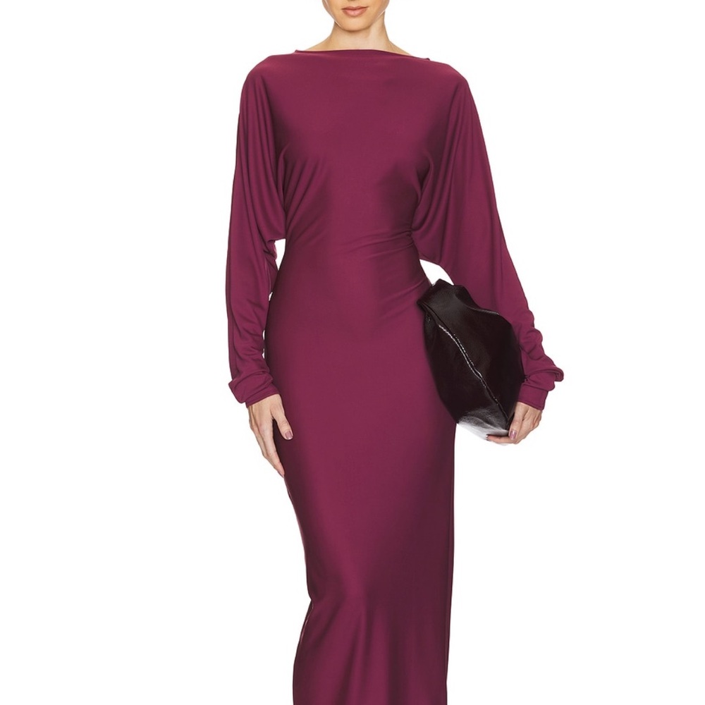 Helsa Open Back Red Ruched Long Sleeve Cocktail Gown